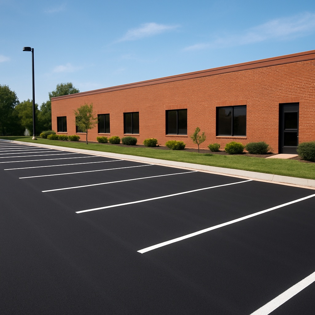 Freshly painted parking lot with white lines beside a brick building and green landscaping.