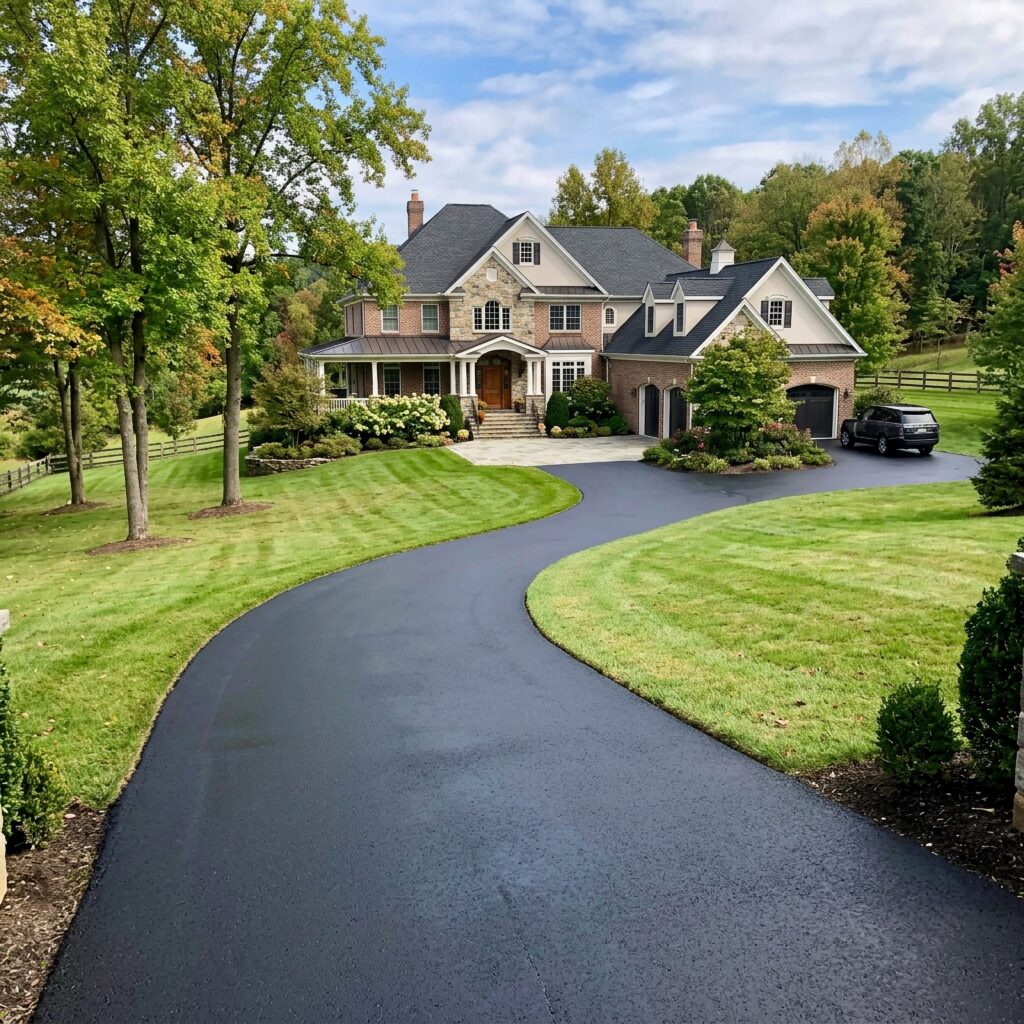 Elegant home with a freshly paved, winding driveway, surrounded by lush green lawn and trees.